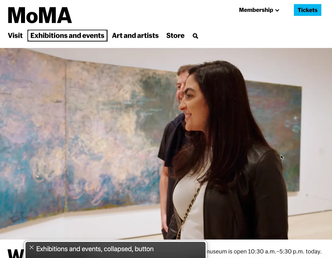 Picutre of the MoMA's Screen Reader dialog on the Exhibitions and events button'